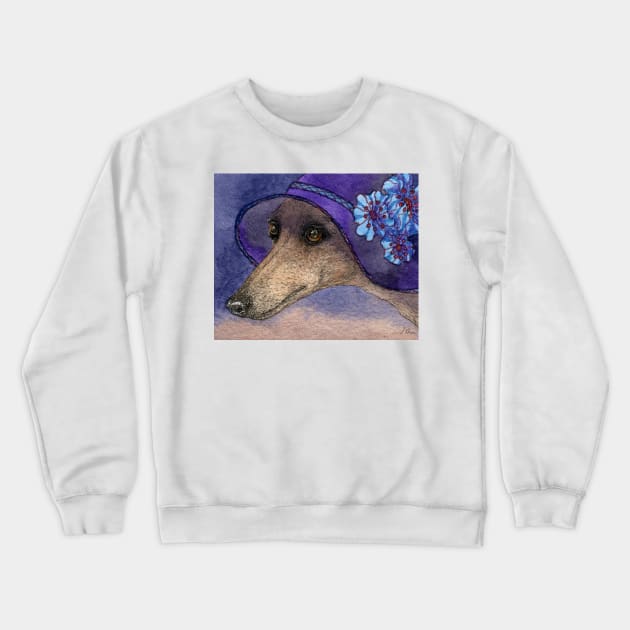 Whippet of Mystery Greyhound dog in fabulous hat with blue flowers Crewneck Sweatshirt by SusanAlisonArt